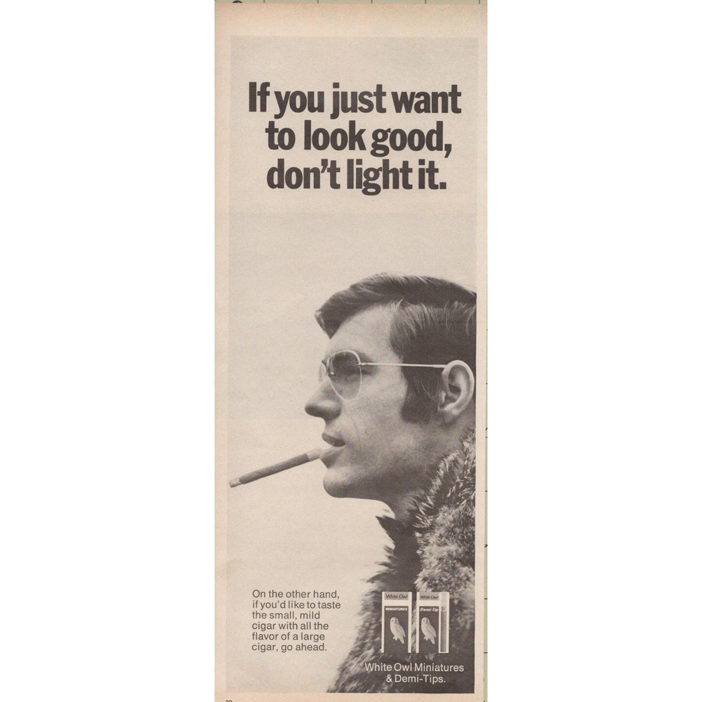 White Owl Miniatures Demi‎ Tips Cigars Stylish Smoking Vintage Print Ad 1970
